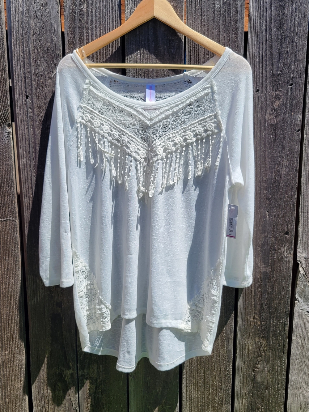 Women's Cream Fringe Crochet Yoke Long Sleeve Top With Lace Accents Boho XL